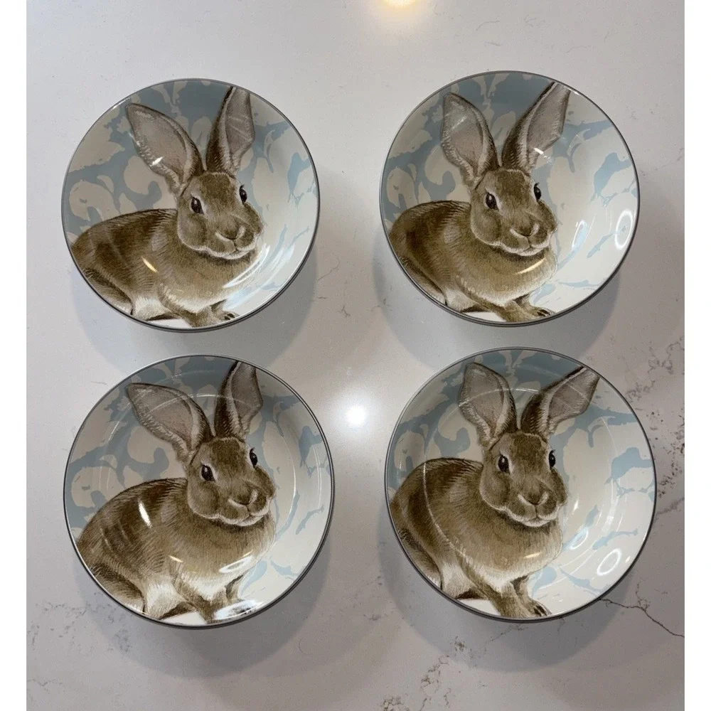 Set Of 4 Williams Sonoma Damask Bunny Cereal SOUP BOWL Blue Floral Rabbit 7.5